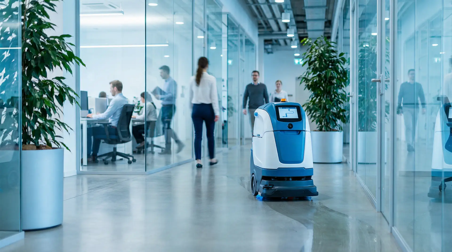 gulvvaskerobot kjører i kontorkorridor blant folk