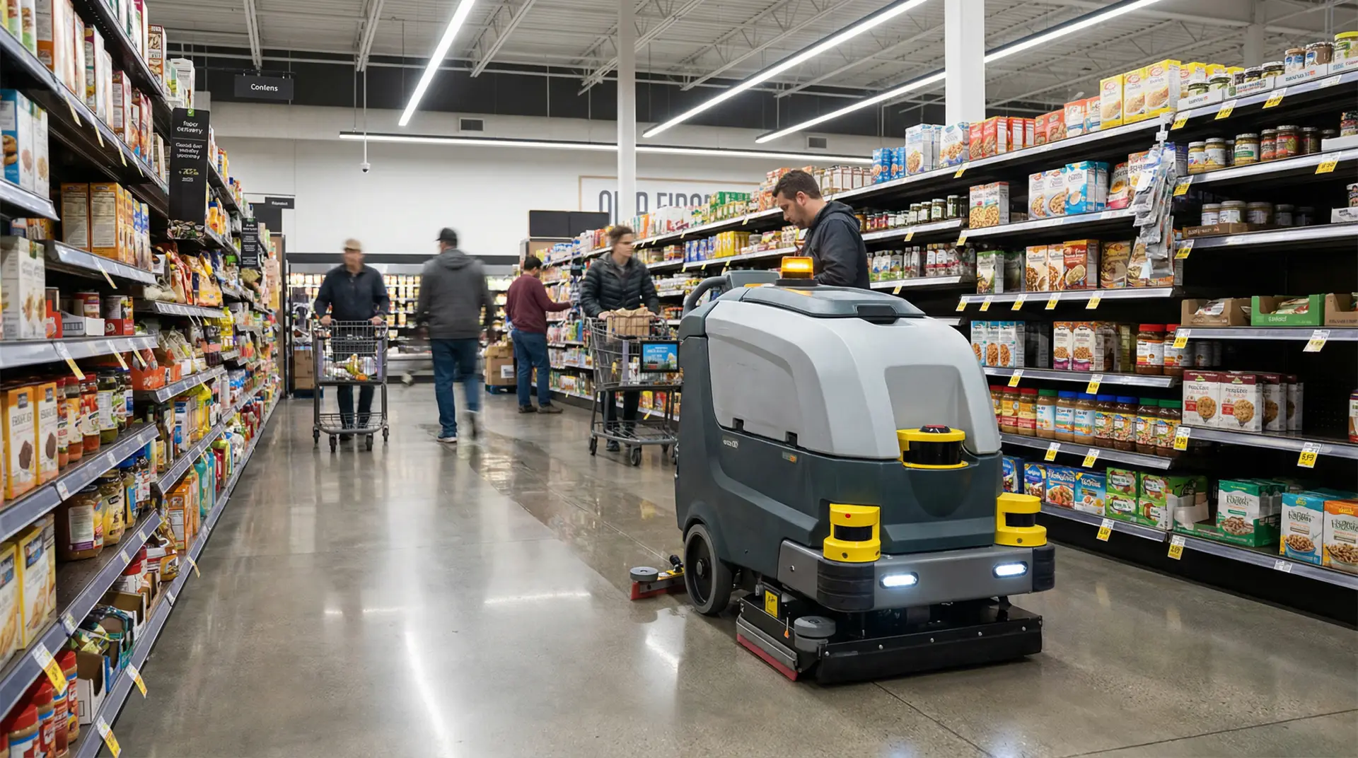 gulvvaskerobot vasker i butikk blant kunder